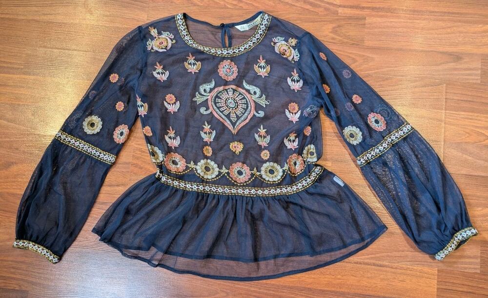 Zara Sheer Embroidered Top Womens Small Boho Peasant Babydoll Mesh Festival